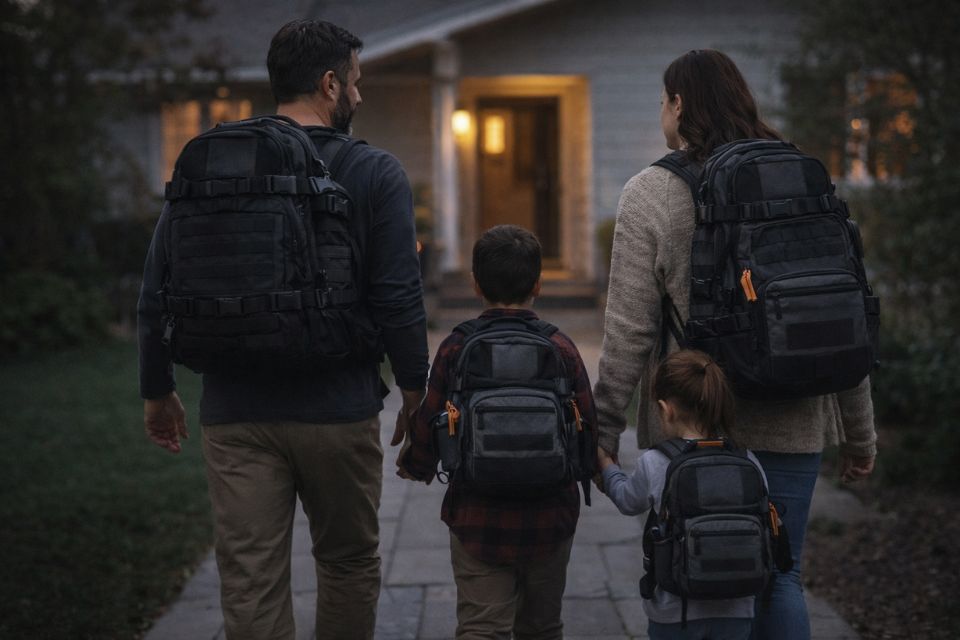 A family evacuating their home wearing Waypoint GoPacks